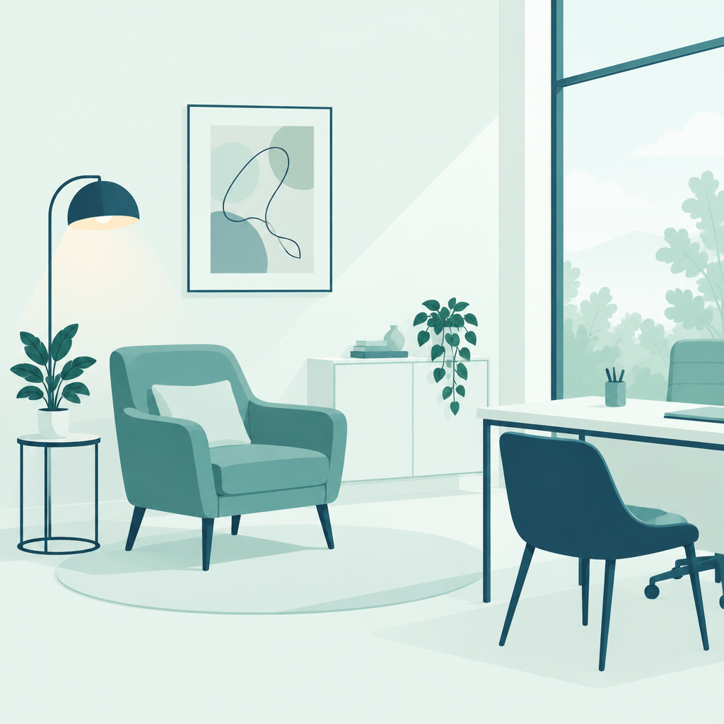 Illustration of a calm, tidy clinic consultation room with a chair, plant and soft natural light